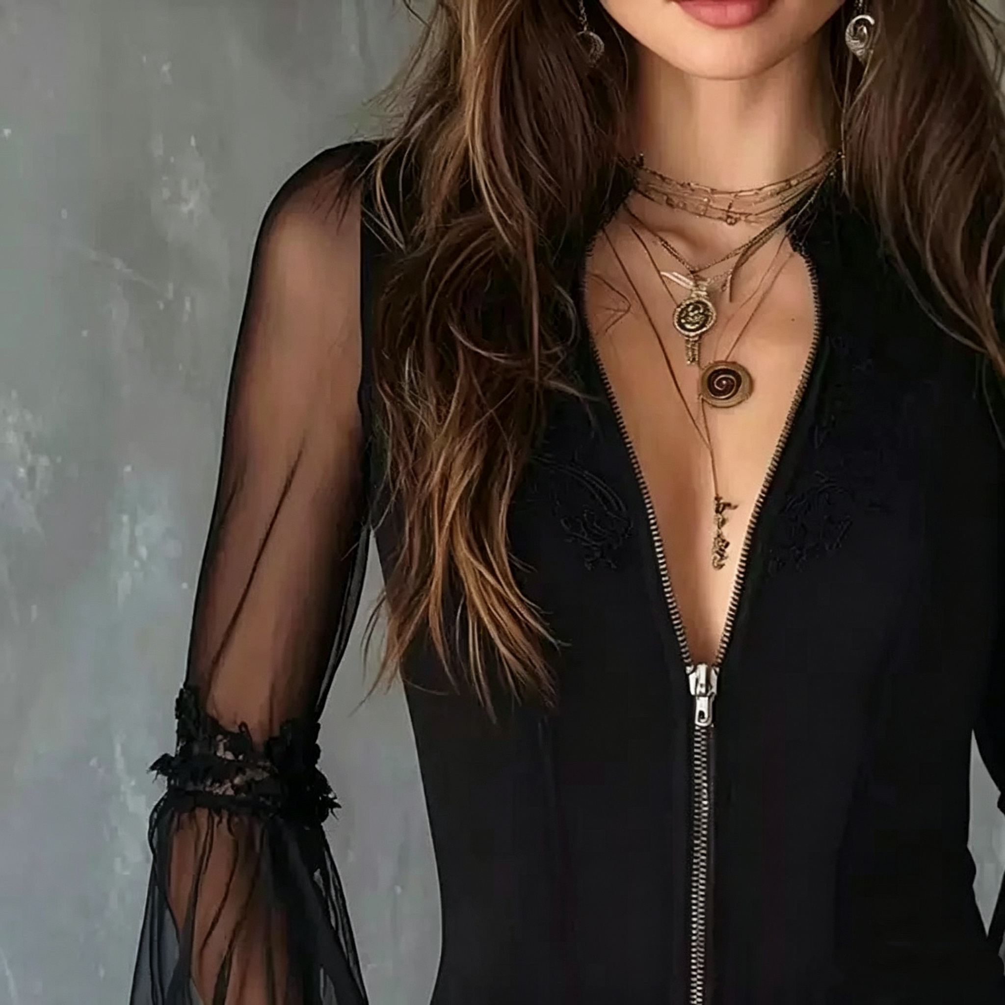 Ladies Black round Neck Long S - Vintage Zipper incelemesi ve fiyatı